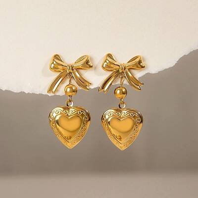 Bowknot with Heart 304 Stainless Steel Dangle Stud Earrings
