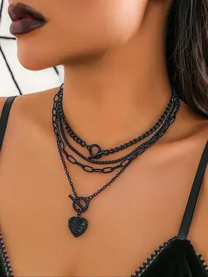 Women's Punk Style Heart Design Pendant Necklace & OT Buckle Chain Necklaces, 4 Counts Fashion Charm & Chain Necklaces, Trend...