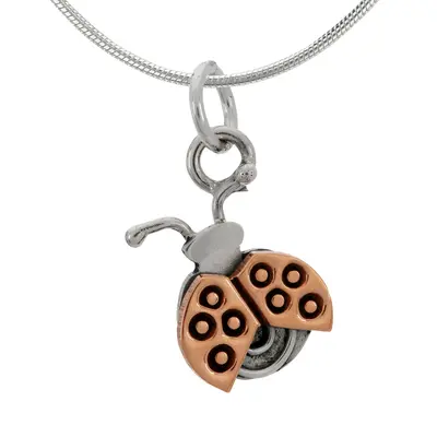 Cute Ladybug Sterling & Copper Necklace - with Diamond Cut Chain
