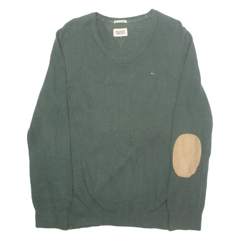 TOMMY HILFIGER Mens Jumper Green V-Neck Tight Knit S