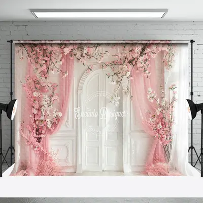 Pink Curtain White Retro Wall Floral Wedding Backdrop