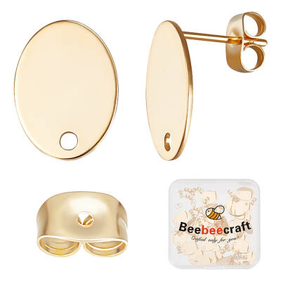 Beebeecraft 1 Box 40Pcs Oval Earring Findings 24K Gold Plated Earring Post with Hole and 40Pcs Ear Nuts Ear Stud Components f...