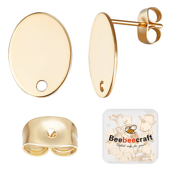 Beebeecraft 1 Box 40Pcs Oval Earring Findings 24K Gold Plated Earring Post with Hole and 40Pcs Ear Nuts Ear Stud Components f...