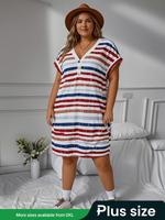 【Plus Size】 Striped Print Batwing Sleeve 4th of July Tee Dress, Casual V Neck Button Front Short Dress, Dresses for Women...