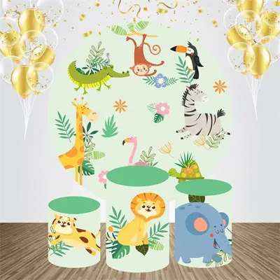 Cute Animals Leaves Round Baby Shower Backdrop Kit - Aperturee