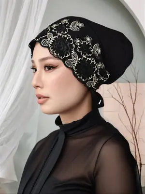 Women's Solid Color Lace  Pattern Instant Hijab, Modest Soft Comfortable Breathable Hijab for Daily Wear, Fashionable Muslim ...
