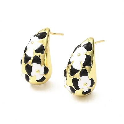 Teardrop with Flower Real 18K Gold Plated Brass Enamel Stud Earrings