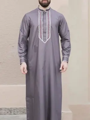 Men's Contrast Binding Embroidered Kaftan, Regular Fit Modest Stand Collar Long Sleeve Thobe, Men's Islamic Clothing for Musl...