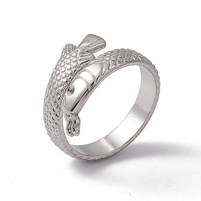 Non-Tarnish 304 Stainless Steel Ring Arowana Fish Wrap Open Cuff Ring for Women