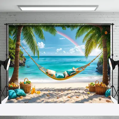 Palm Tree Rainbow Hammock Sand Beach Summer Backdrop - Aperturee
