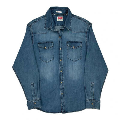 Wrangler Denim Shirt - Large Blue Cotton Blend