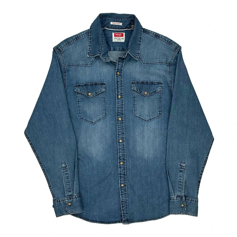 Wrangler Denim Shirt - Large Blue Cotton Blend