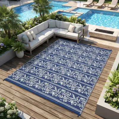 Garvee Waterproof Reversible Outdoor Rug - Boho Leaf Design - UV & Mark Resistant Plastic Straw Patio Carpet with Stakes & St...