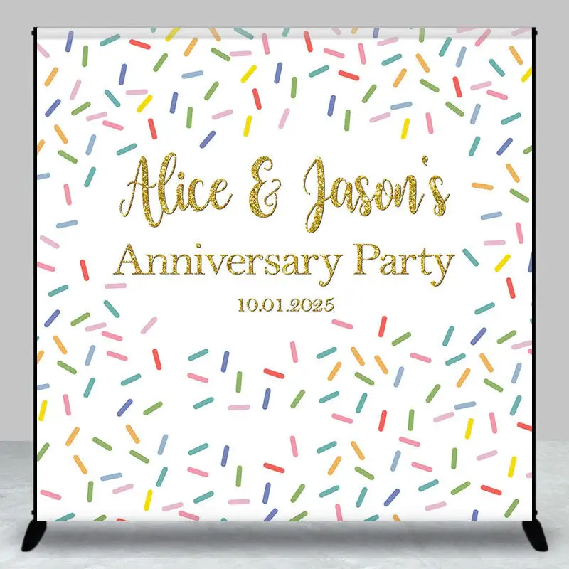 Aperturee Custom Name Colorful Candy Anniversary Party Backdrop - Aperturee