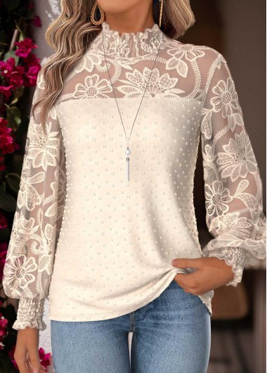 Modlily Beige Tummy Coverage Long Sleeve High Neck Blouse - S