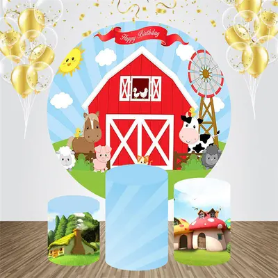 Circle Cartoon Rustic Animals Birthday Backdrop Kit - Aperturee