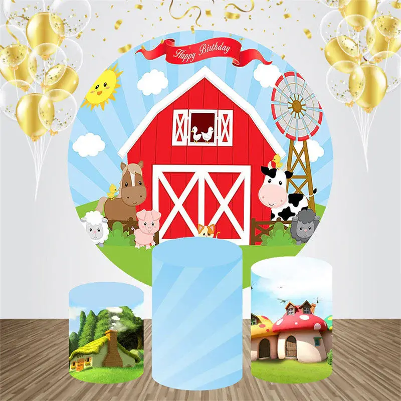 Circle Cartoon Rustic Animals Birthday Backdrop Kit - Aperturee