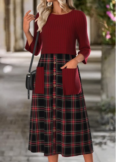 Modlily Wine Red Tummy Coverage Plaid Long Sleeve Dress - XL
