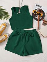 【plus Size】 Two-piece Set Solid Tanktop & Drawstring Waist Shorts Set, Vacation Sets, Casual Sleeveless Top & Shorts, Wom...