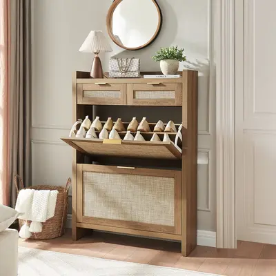 PieDle Furniture Boho-Chic Rattan Shoe Storage with 2 Drawers and 2 Flip-Up Drawers for Home Entries