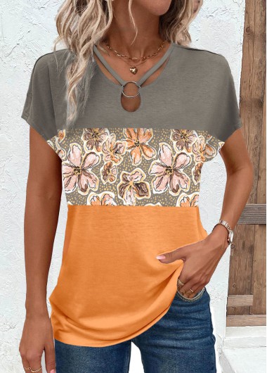 Modlily Orange Circular Ring Floral Print Short Sleeve T Shirt - XXL