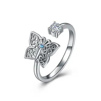 Sterling Silver Round Shaped Zircon Butterfly Open Ring