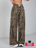 Women's Leopard Print Patched Pocket Wide Leg Pants, Casual Fit Elastic Waist Trousers for Daily Wear, Ladies Baggy Bottoms f...