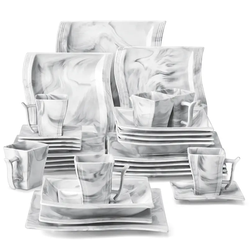 MALACASA Plates and Bowls Sets, Porcelain Dinnerware Sets for 6, Square Dinnerware Set with Dinner Plate, Dessert Plate, Soup...