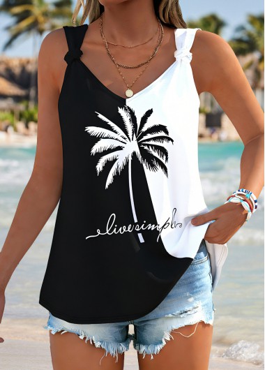 Modlily Black Tie Tropical Plants Print Strappy Tank Top - XXL