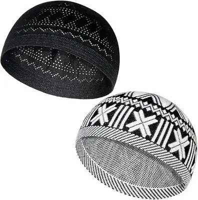 Muslim Hats - Keffiyeh Kufi Hats for Men - 2pcs, 2 Designs, 2 Colors: Black & White, Skull Cap, Islamic Clothing for Men