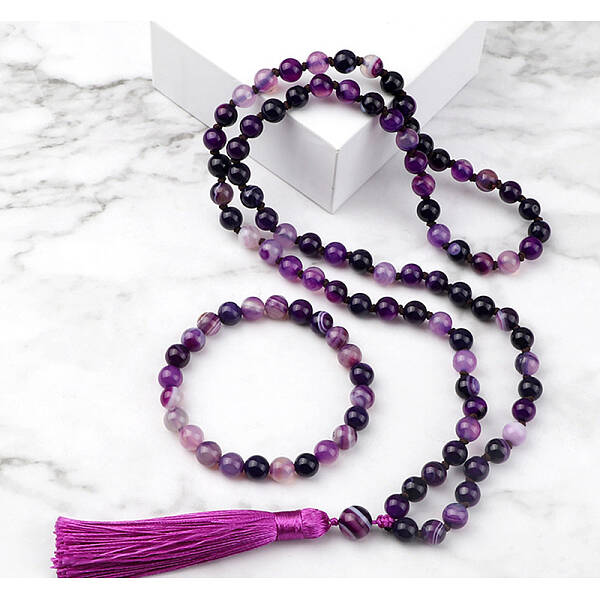 Natural Amethyst Round Beaded Pendant Necklaces & Bracelets Sets