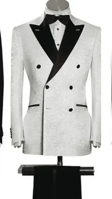 Men's White And Black Floral ~ Paisley Lapel Double Breasted Suit Jacket Tuxedo Men's Dinner Jacket