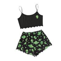 Ultra-Comfortable Printing Pajama Set - Round Neck  Sling Cami Top & Lace-up Shorts for Women - Soft Sleepwear & Loungewear f...