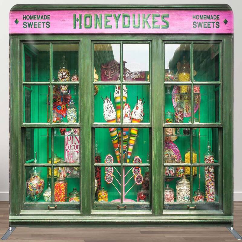 Aperturee Retro Green Candy Shop Honeydukes Square Backdrop, 6X6FT(1.8X1.8M), 111 USD, DSZH0D776-F, square double-sided backd...