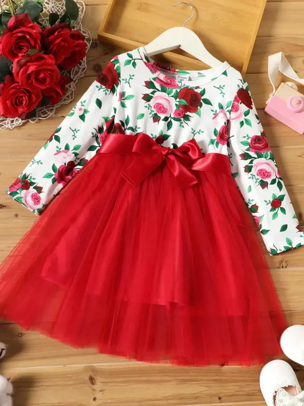 Toddler Girl's Floral Print Tie Front Contrast Mesh A Line Dress, Elegant Round Neck Long Sleeve Dress for Party Holiday Wedd...