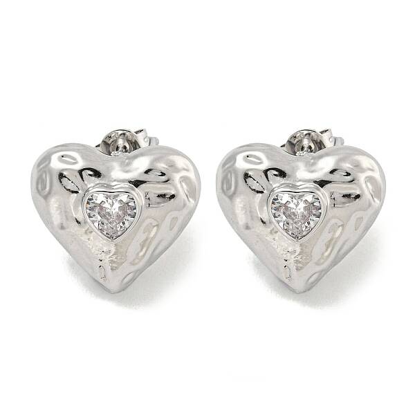 Heart Texture Brass Micro Pave Cubic Zirconia Stud Earrings for Women