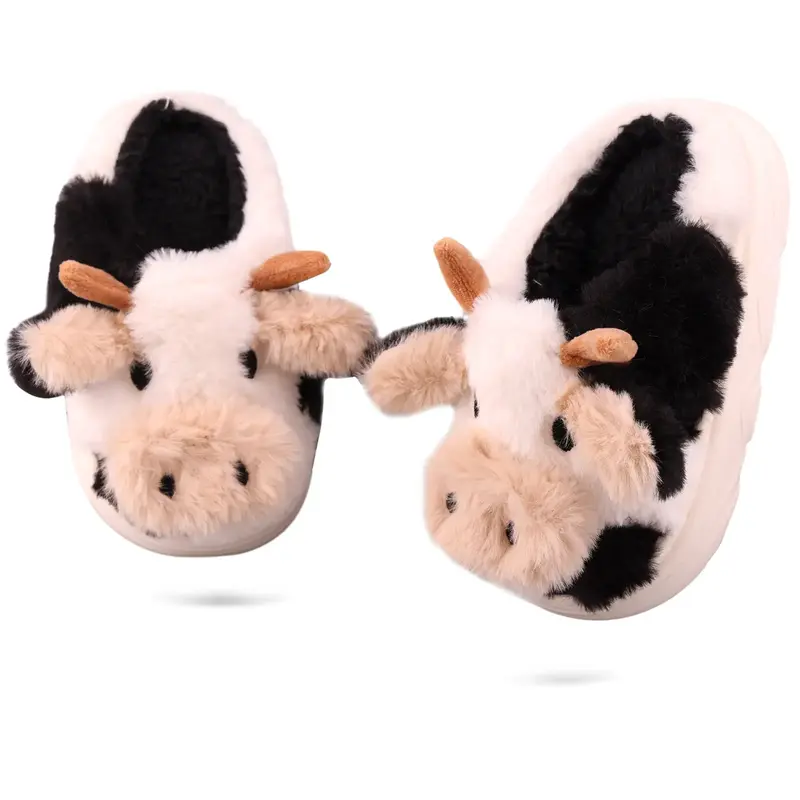 Cow-Shaped Cartoon Slippers for Boys and Girls - Cozy Warm Cotton Slip-On House Slippers  Ideal for Children Aged 14 and Unde...