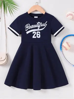 Girl's Letter & Number Print Dress, Casual Short Sleeve Round Neck Dress for Summer, Kids Clothes for Daily Wear