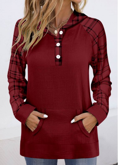 Modlily Wine Red Pocket Plaid Long Sleeve Hoodie - XL