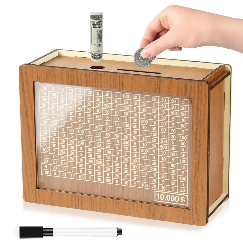 Piggy Bank, Saving Box, Wooden Cash Saving Box, Wooden Money Box with Money Target and Numbers, Savings Challenges Money Box