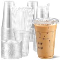 PET Plastic 100 Pack of 16oz-32oz Disposable Cups with Lids & Straw - Leak-Proof, Clear, Sturdy, Convenient for Various Bever...