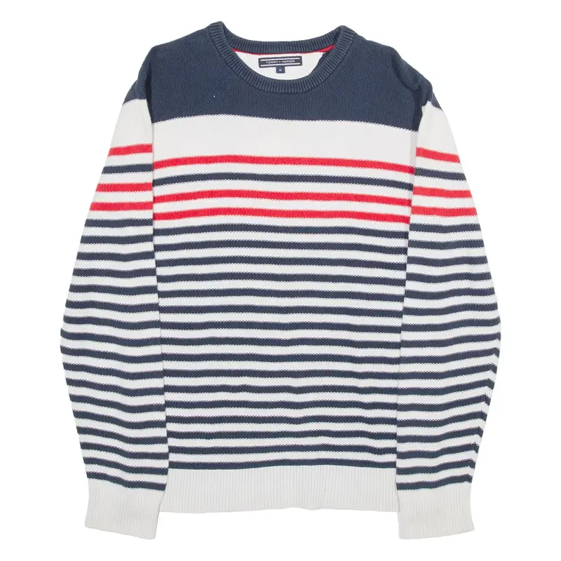 TOMMY HILFIGER Mens Patterned Jumper Blue Striped Tight Knit M