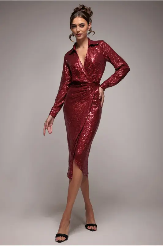 Goddiva Sequin Front Split Shirt Dress - Wine