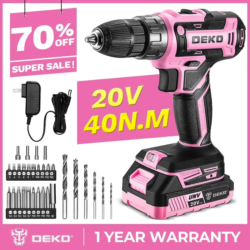DEKO Cordless Drill 20V Electric Power Drill with 1.5AhLithium-ion Battery and Charger, Two Variable Speed and 18+1 Torque Se...