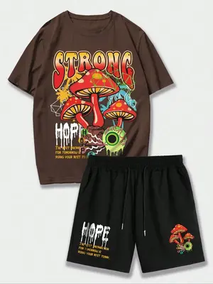 2/4/6/8 Counts Men's Letter Print Drawstring Two-piece Set, Streetwear Regular Fit Casual Short Sleeve T-shirt & Mushroom Pr...