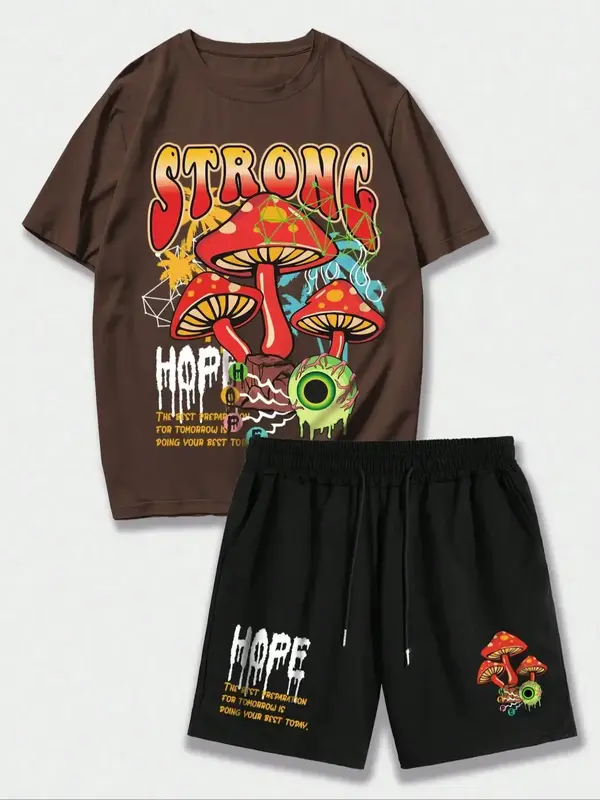 2/4/6/8 Counts Men's Letter Print Drawstring Two-piece Set, Streetwear Regular Fit Casual Short Sleeve T-shirt & Mushroom Pr...
