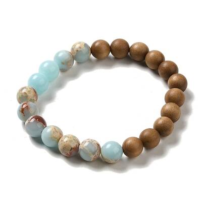 8.5mm Round Sandalwood and Synthetic Shoushan Stone Beaded Stretch Bracelets