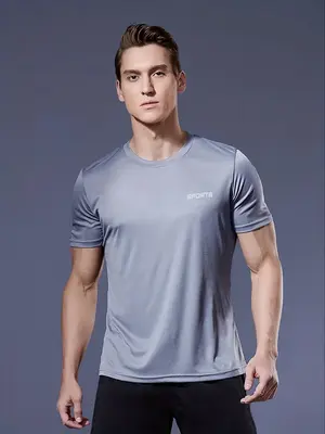 Men's Loose Letter Print Sports Tee, National Day Offers, Breathable Quick Drying Fabric Athletic T-shirt, Athlete Crew Neck...