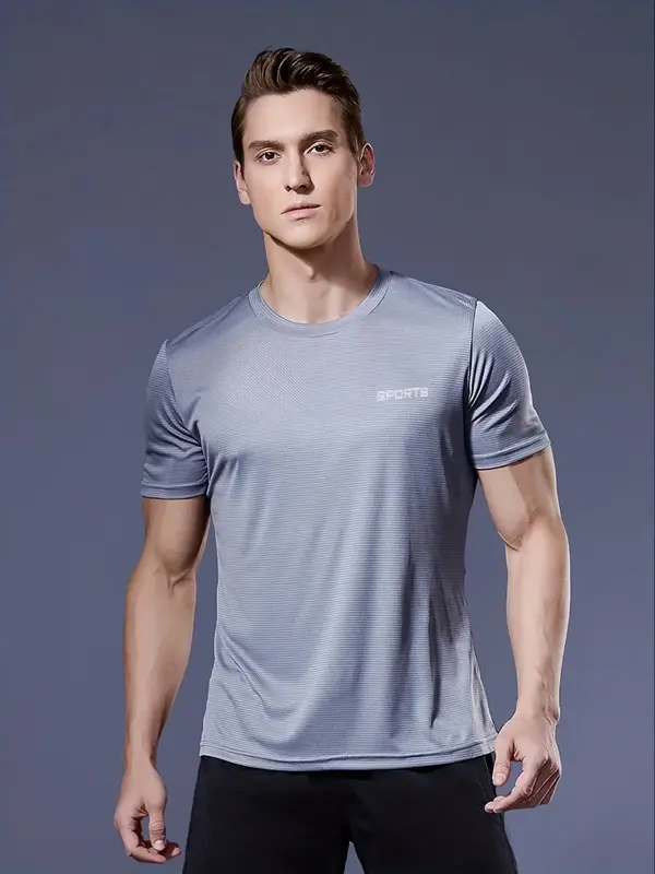 Men's Loose Letter Print Sports Tee, National Day Offers, Breathable Quick Drying Fabric Athletic T-shirt, Athlete Crew Neck...