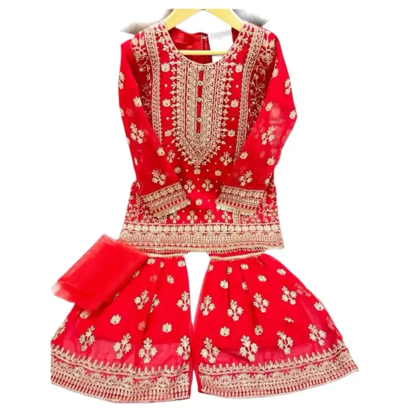 Zarı Girls Sharara Dress Set with 3-Piece Ensemble, Embroidered Zarı Design, Flowing Sharara, and Net Dupatta for Special O...